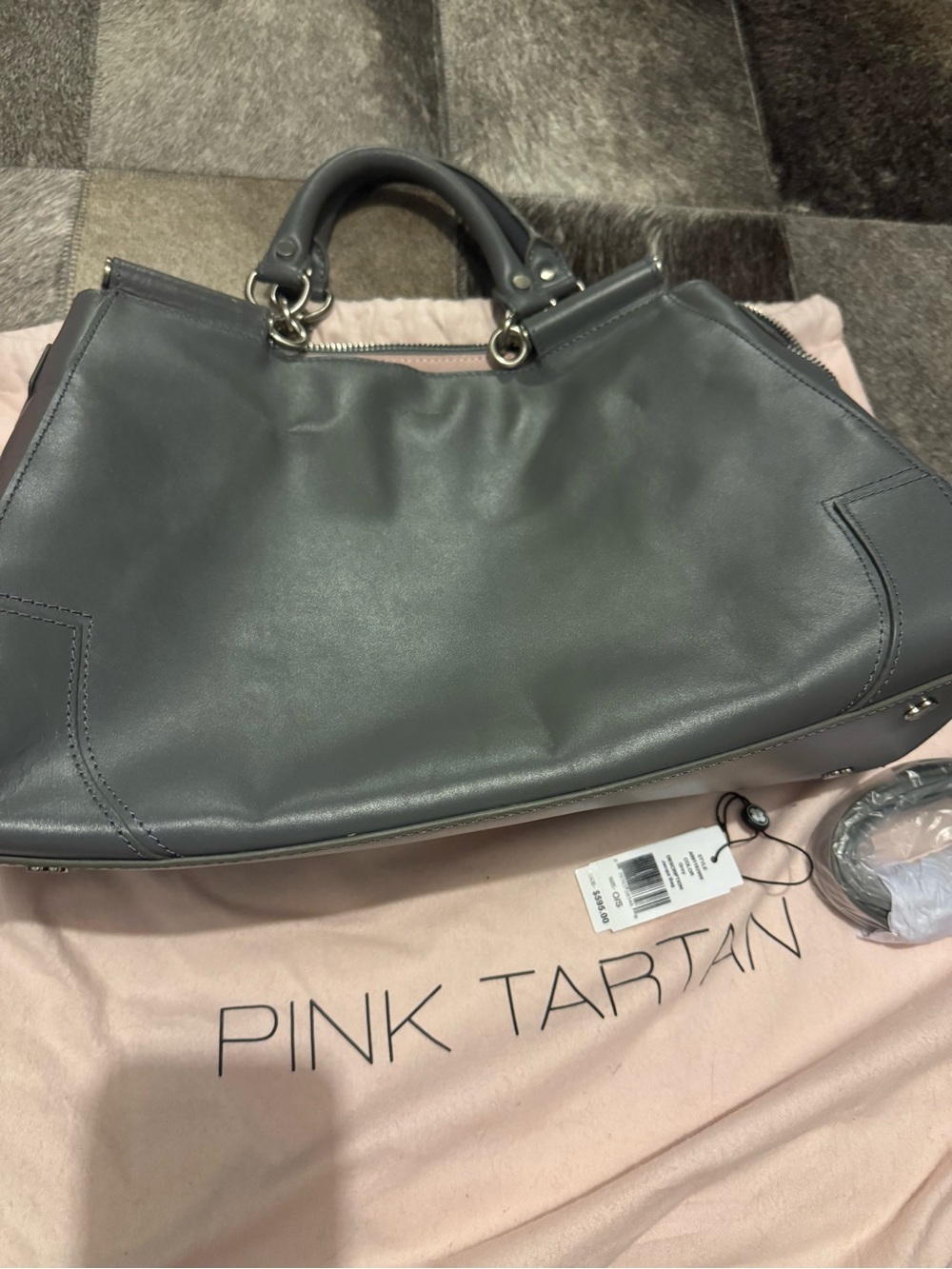 Pink Tartan Gray Leather Top-Handle Tote